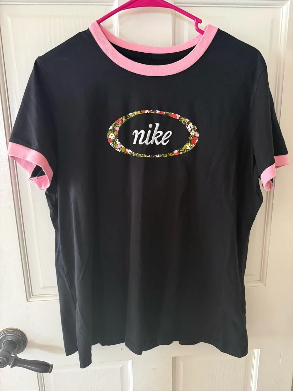 Nike Black Ringer Tee with Pink Trim and Floral Logo